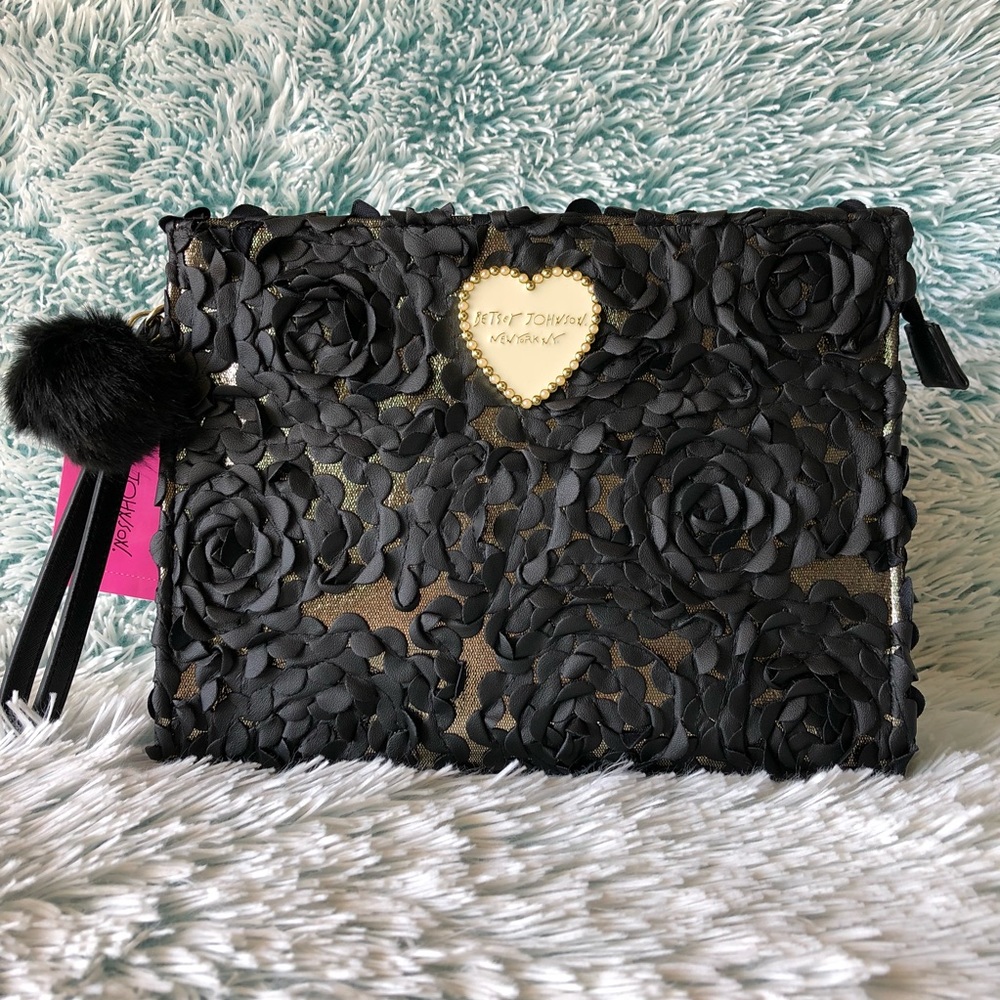 Betsey Johnson Gold & Black Rose Clutch